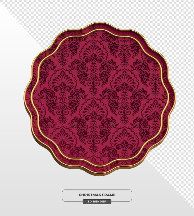 PSD Gratis label merah hiasan natal dengan tepi emas dan pola damask dalam render 3d