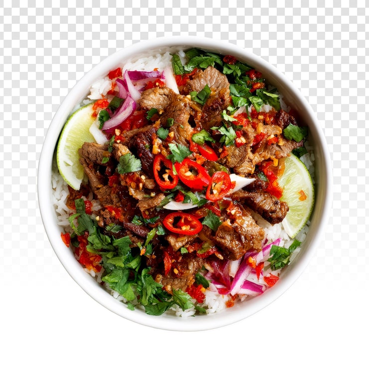 PSD Gratis mangkuk nasi daging sapi pedas dengan jeruk nipis dan cabai