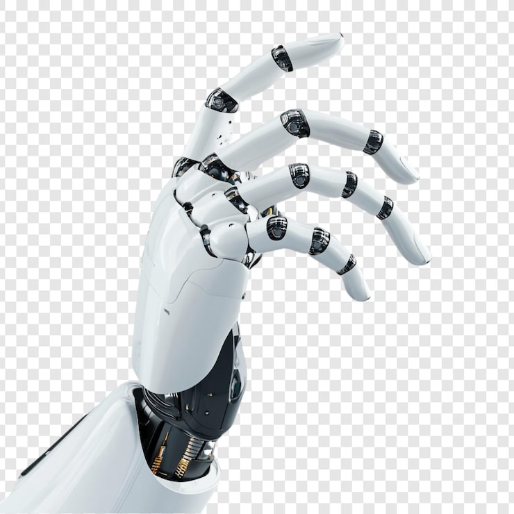 PSD gratuito mano robotica raggiungendo la tecnologia futuristica intelligenza artificiale 3d rendering braccio meccanico mano robotica bianca e nera
