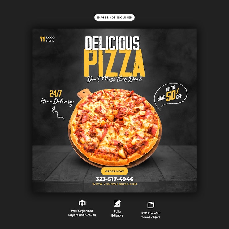 PSD gratuito menú de comida y plantilla de banner de redes sociales de deliciosa pizza