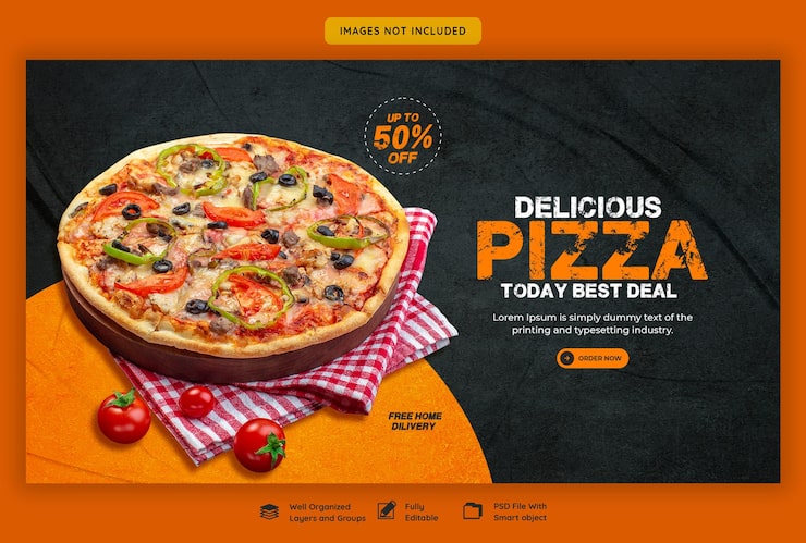 PSD gratuito menú de comida y plantilla de banner web de pizza deliciosa