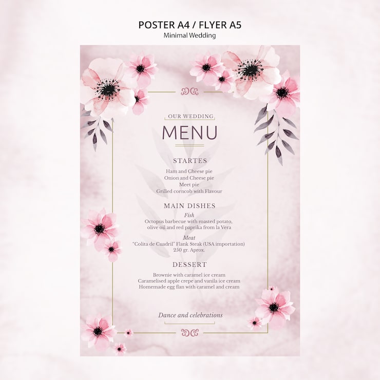 PSD gratuito menú de póster de boda mínimo
