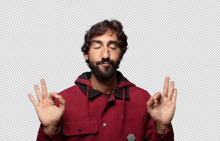 PSD gratuito mirando concentrado y meditando sintiéndose satisfecho y relajado pensando o haciendo una elección