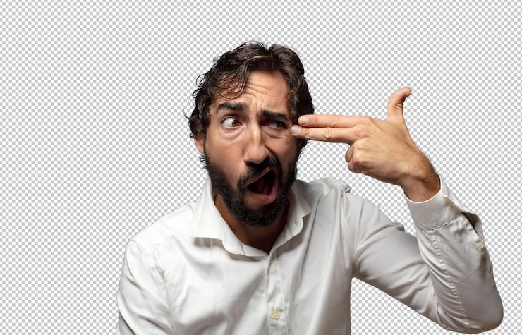 PSD gratuito mirando infeliz y estresado gesto de suicidio haciendo signo de pistola con la mano apuntando a la cabeza
