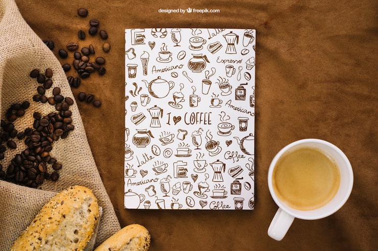 PSD gratuito mockup de cubierta de libro con café