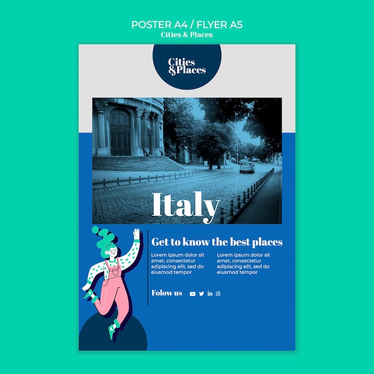 PSD gratuito modello di città e luoghi di design piatto