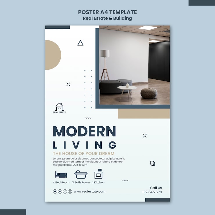 PSD gratuito modello di poster a4 per immobili e costruzioni