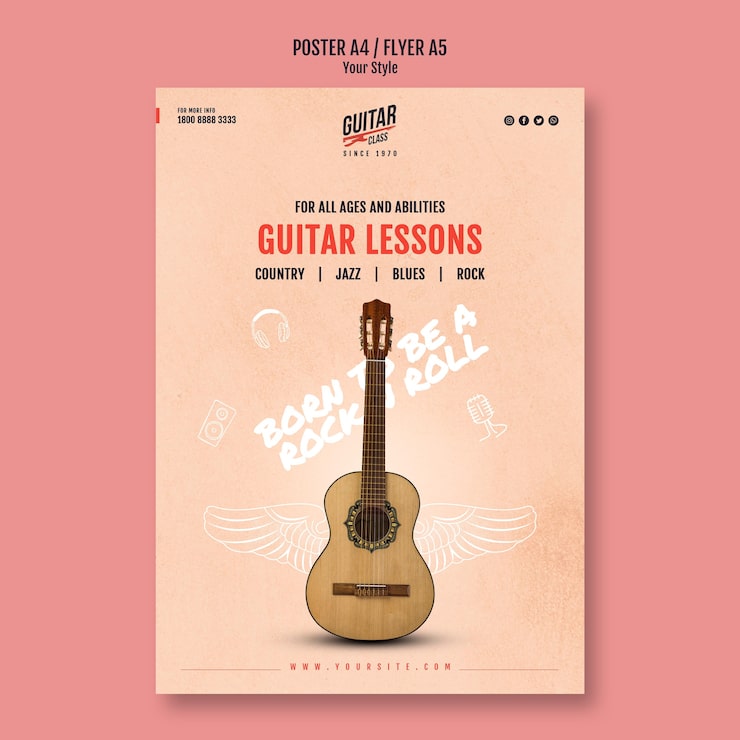 PSD gratuito modello di poster di lezioni di chitarra
