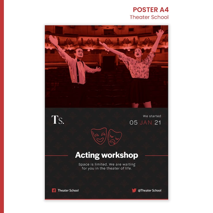 PSD gratuito modello di poster di scuola di teatro
