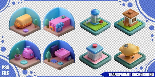 PSD gratuito modelos 3d coloridos de edificios y objetos estilizados
