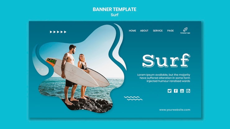 PSD gratuito pareja con plantilla de banner de tablas de surf