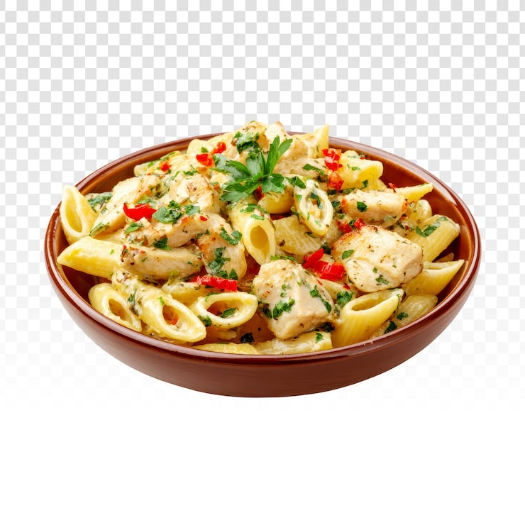 PSD gratuito penne cremose al pollo con peperoni rossi e prezzemolo