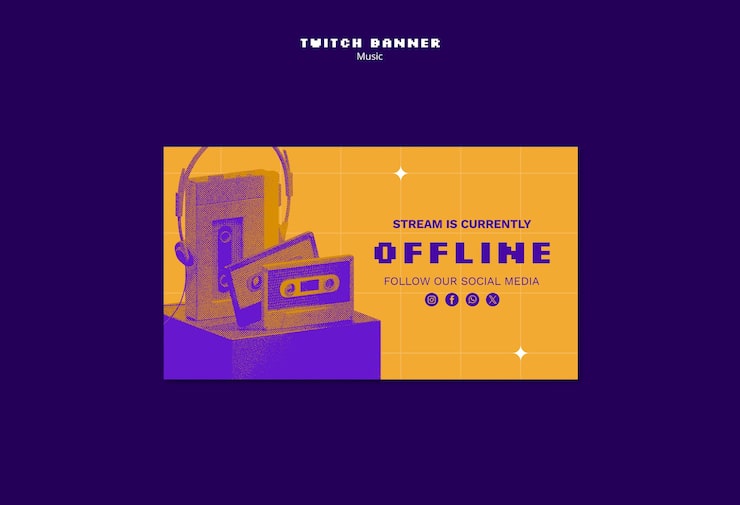 PSD gratuito plantilla de banner de twitch para música y stream sin conexión