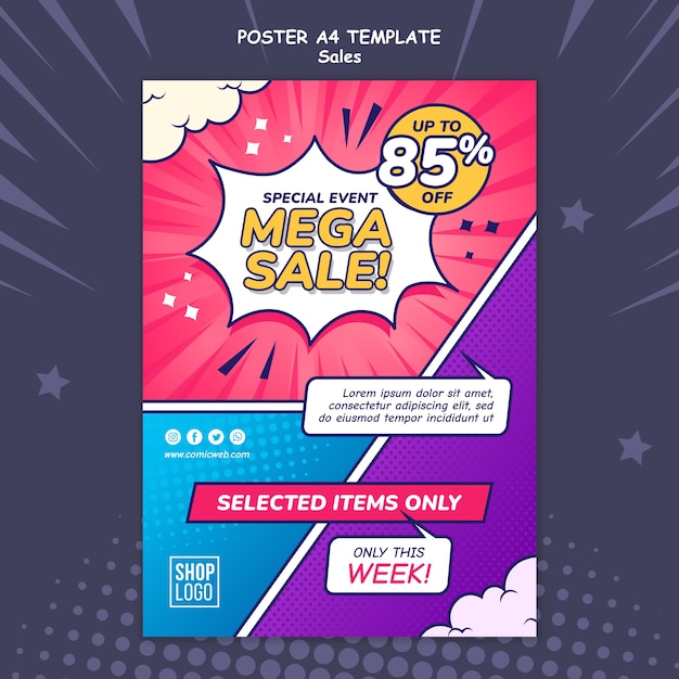 PSD gratuito plantilla de cartel vertical para ventas en estilo cómic