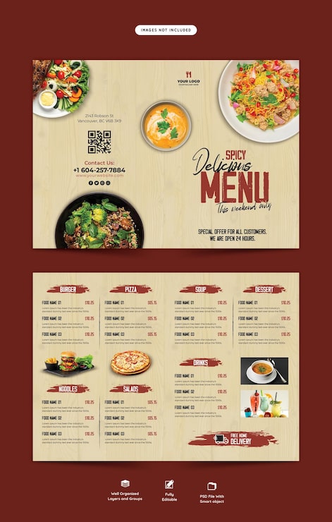 PSD gratuito plantilla de folleto plegable de menú de comida y restaurante