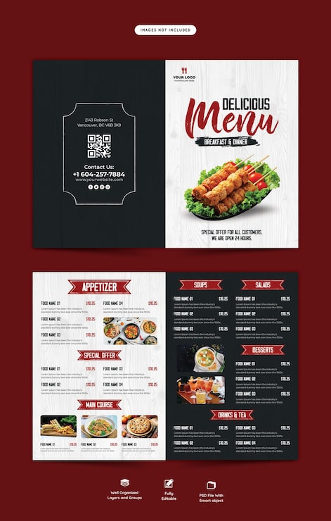 PSD gratuito plantilla de folleto plegable de menú de comida y restaurante