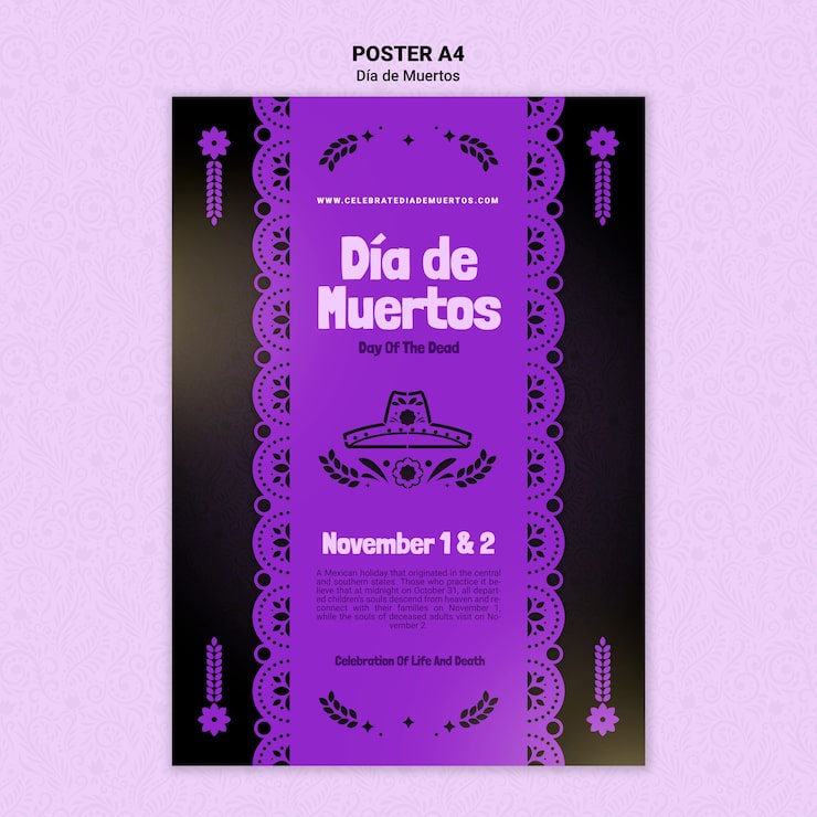 PSD gratuito plantilla de impresión de dia de muertos morado
