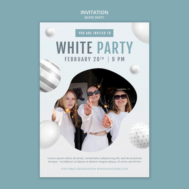 PSD gratuito plantilla de invitación de fiesta blanca con globos y esferas
