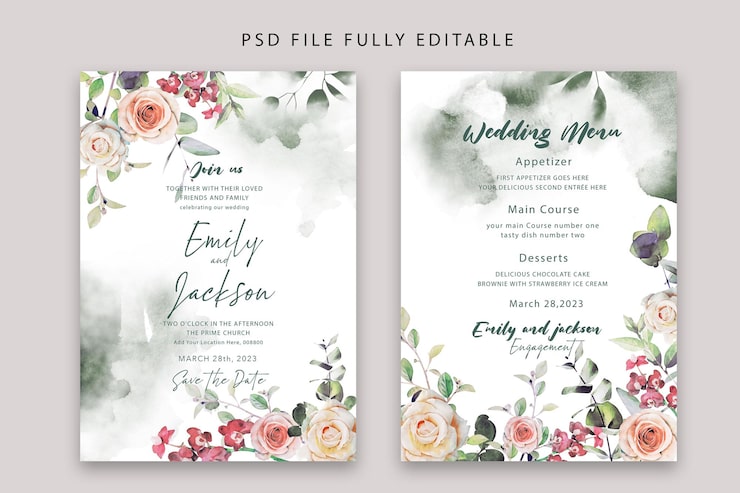 PSD gratuito plantilla de invitación y menú de boda elegante acuarela