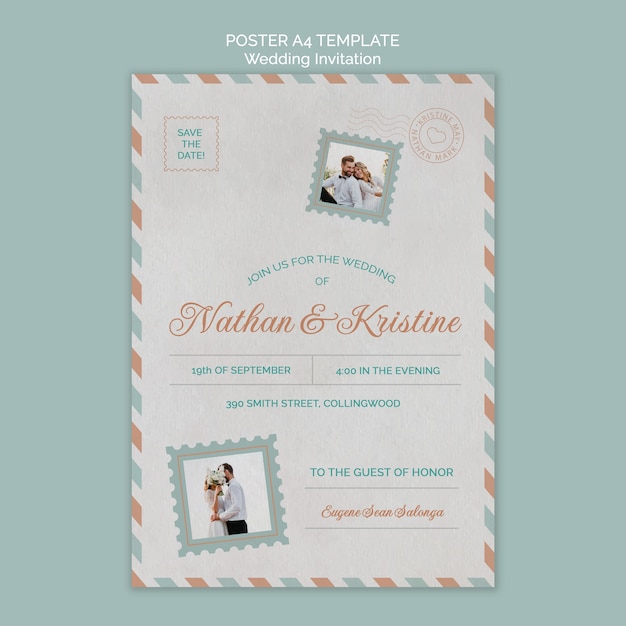 PSD gratuito plantilla de póster a4 de postal de boda