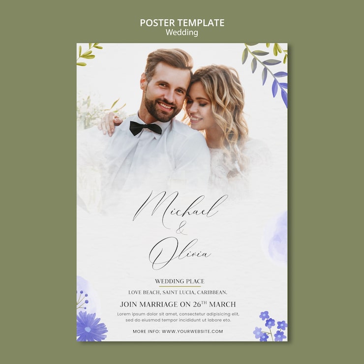 PSD gratuito plantilla de póster de diseño de boda en acuarela