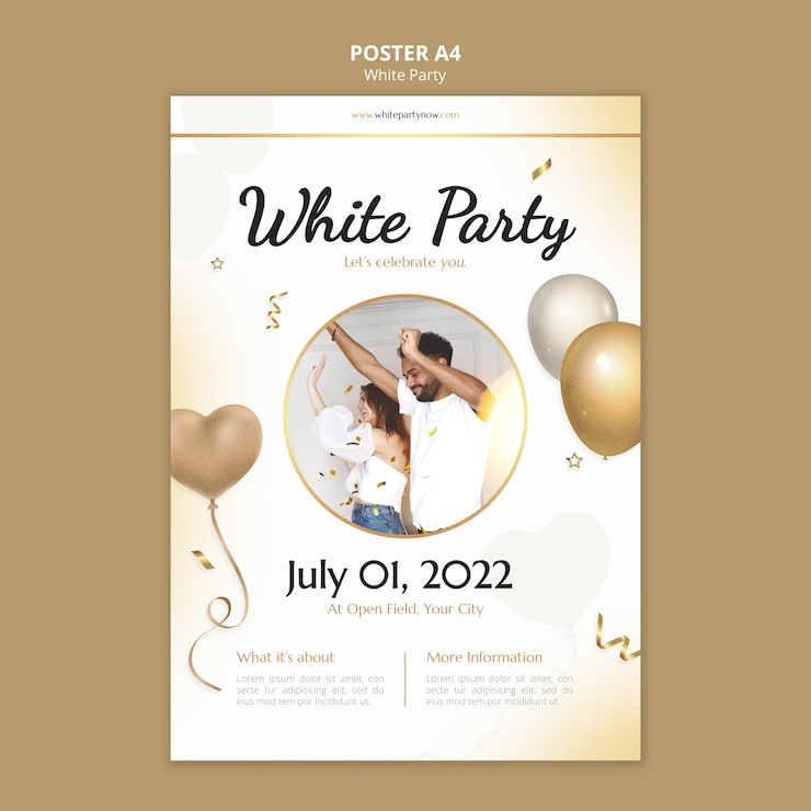 PSD gratuito plantilla de póster vertical de fiesta blanca con globos
