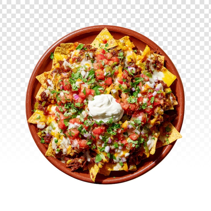 PSD gratuito plato de nachos frescos con guacamole, salsa y crema agria sobre tabla de madera