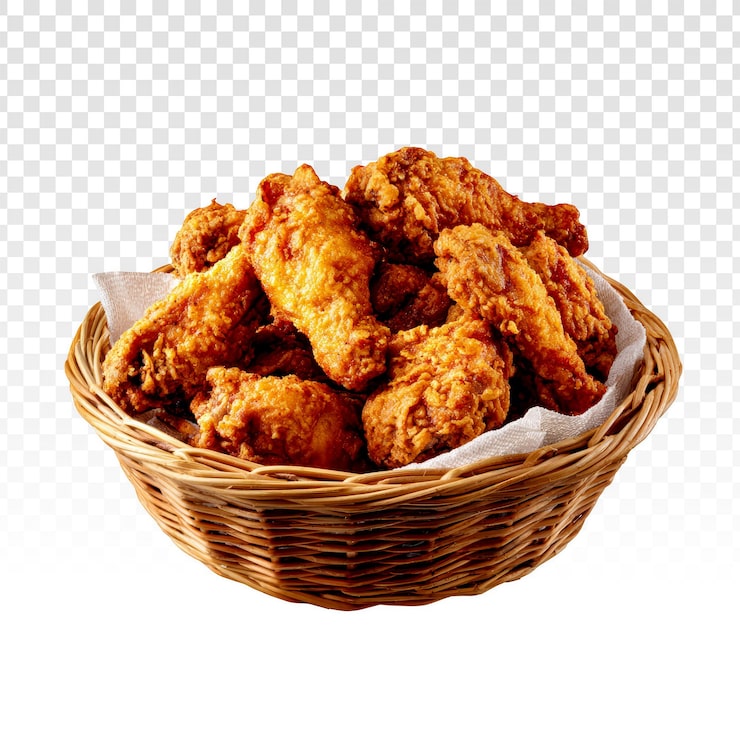 PSD gratuito pollo frito dorado y crujiente en una cesta de mimbre