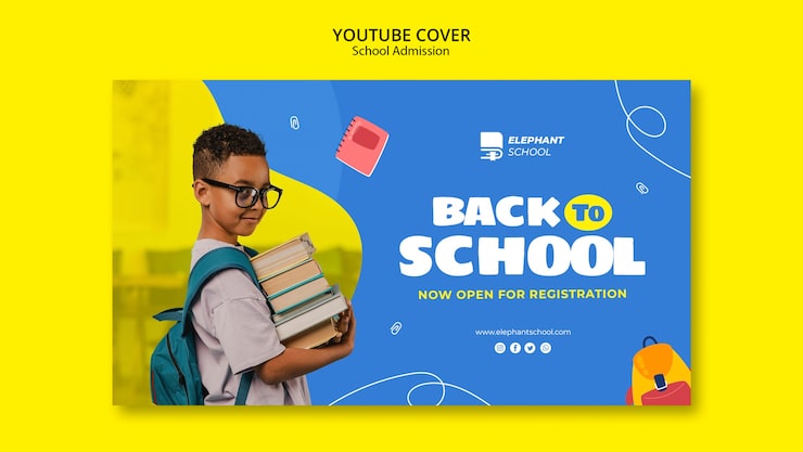 PSD gratuito portada de youtube de admisión a la escuela de diseño plano