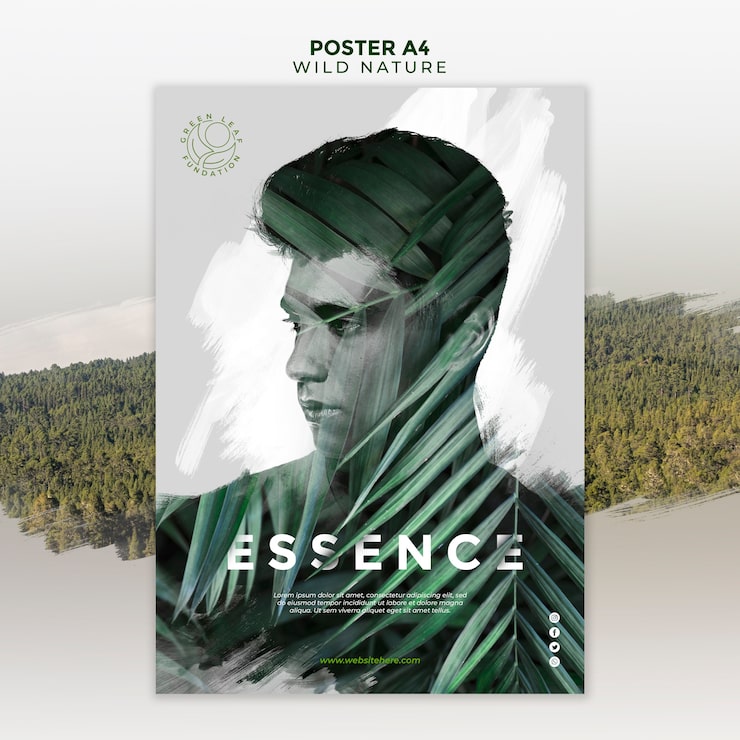 PSD Gratis poster alam liar dengan pria di antara dedaunan
