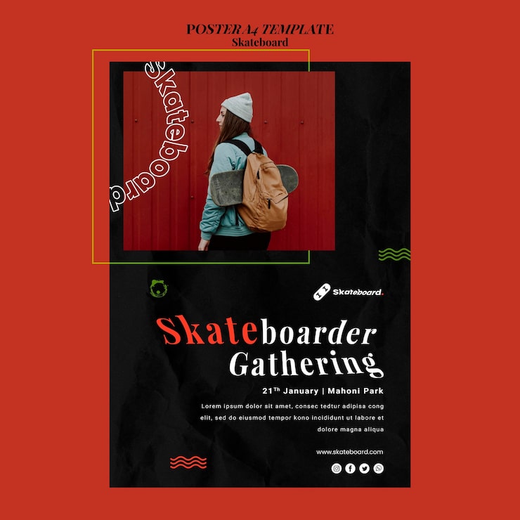PSD gratuito poster verticale per lo skateboard con la donna