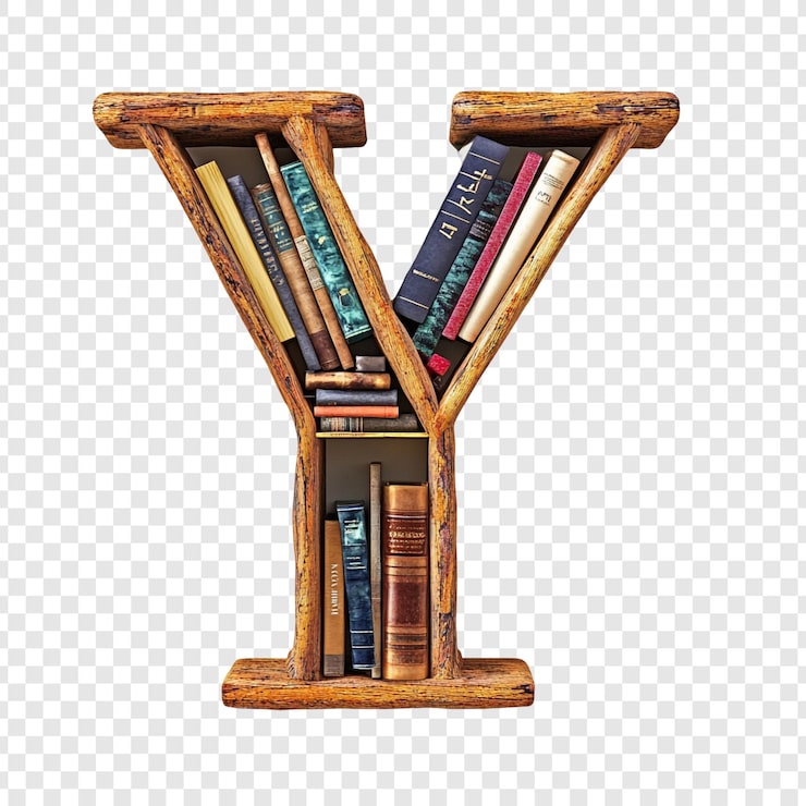 PSD Gratis rak buku huruf y kayu sebuah mahakarya sastra
