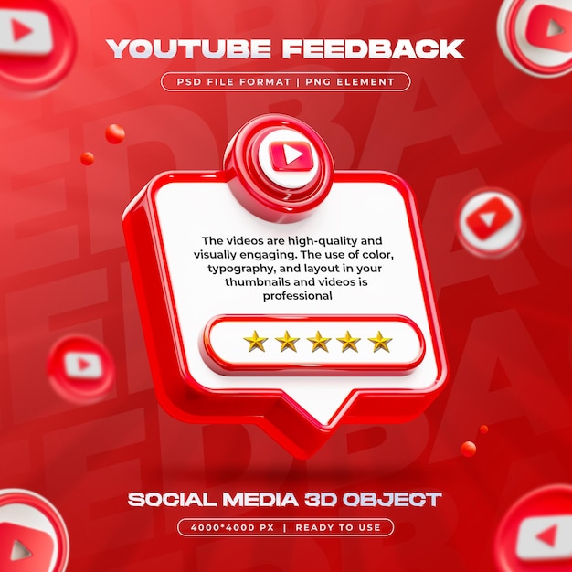 PSD Gratis render 3d ulasan feedback youtube terisolasi media sosial