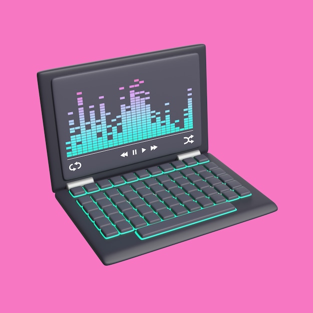 PSD gratuito rendering 3d del computer portatile con software musicale