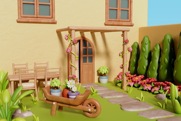 PSD Gratis rendering 3d ilustrasi rumah luar ruangan
