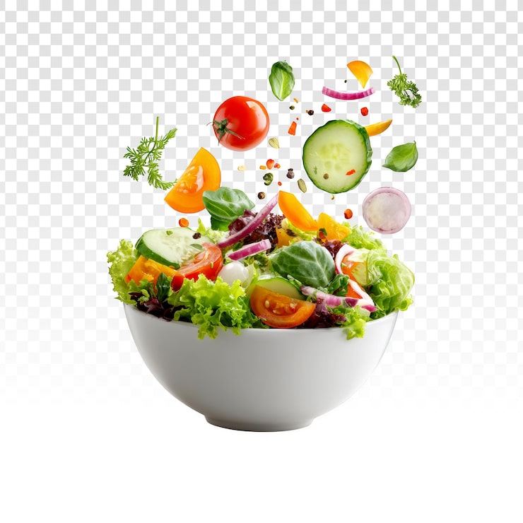 PSD Gratis salad segar dengan sayuran dan bahan-bahan melayang dalam mangkuk