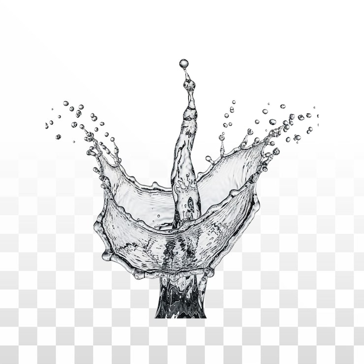 PSD gratuito salpicadura dinámica de agua con una columna central y gotas circundantes.