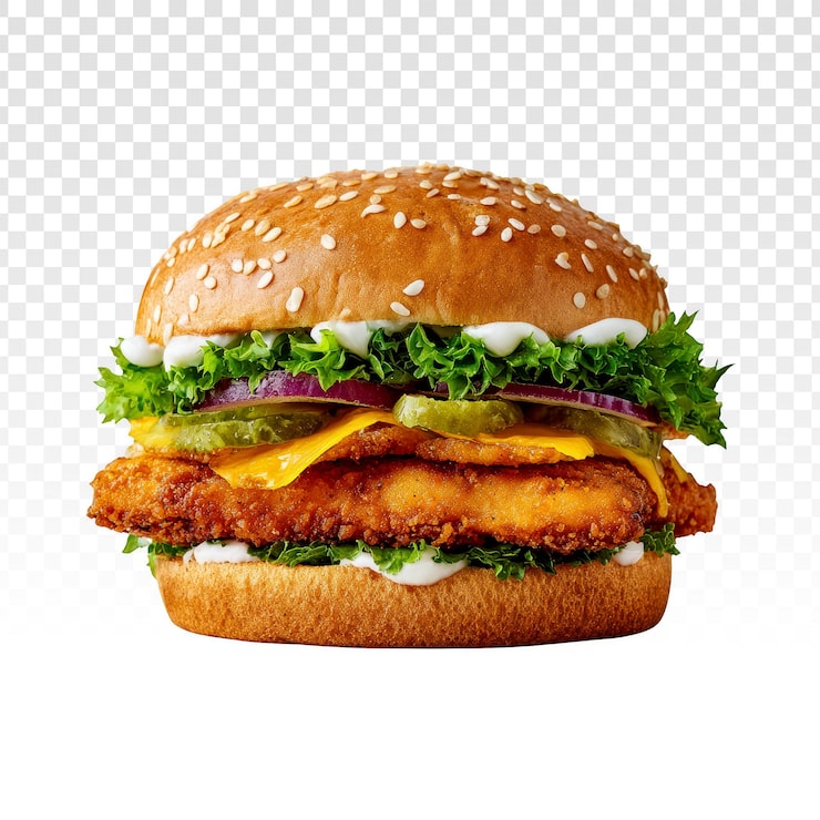 PSD gratuito sándwich de pollo frito crujiente con aderezos frescos.