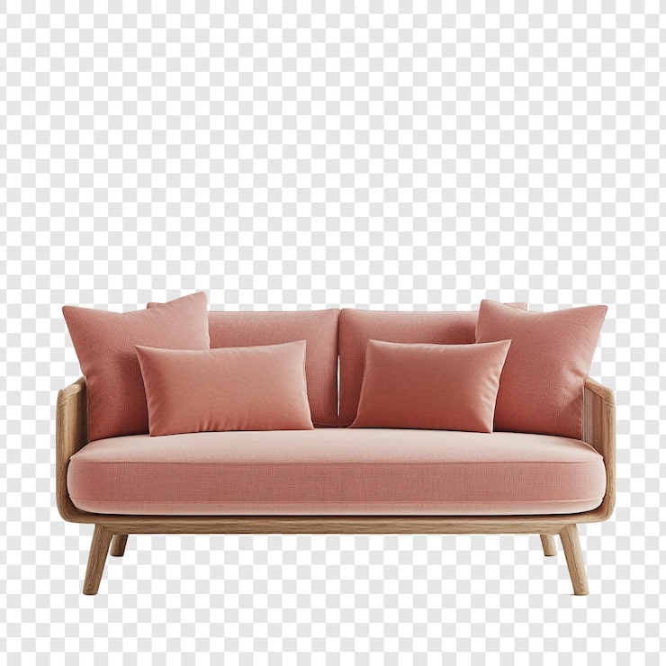 PSD gratuito sofá rosa moderno con patas de madera y cojines suaves