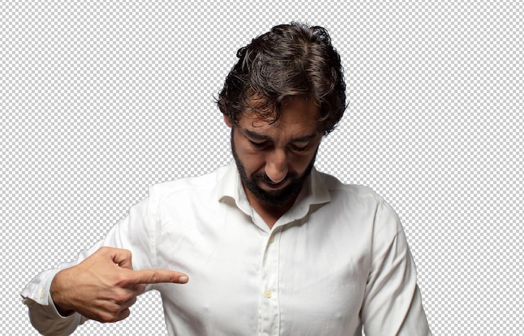 PSD gratuito sonriendo alegremente y casualmente mirando hacia abajo y señalando el pecho