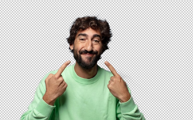 PSD gratuito sonriendo con confianza señalando su propia sonrisa amplia actitud positiva relajada satisfecha