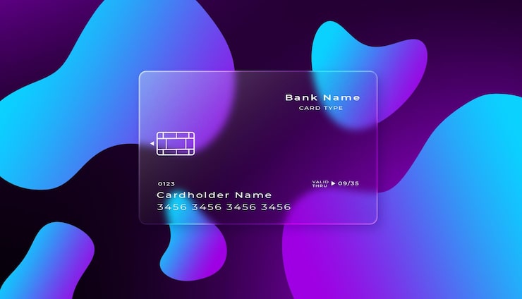 PSD gratuito una tarjeta morada y azul con una tarjeta que dice el nombre del banco