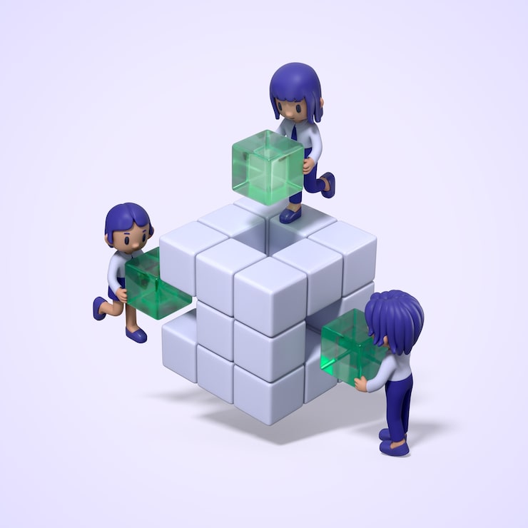 PSD gratuito team building: construcción de cubo de dibujos animados en 3d