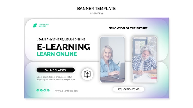 PSD Gratis templat banner horizontal e-learning dengan desain gradien