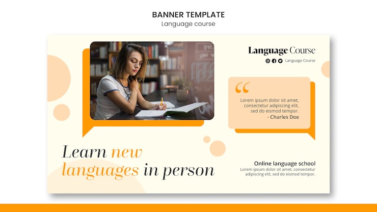PSD Gratis templat banner horizontal kelas bahasa dengan desain lingkaran