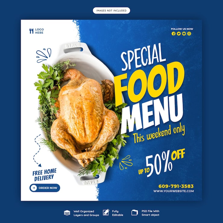 PSD Gratis templat banner media sosial menu makanan dan restoran