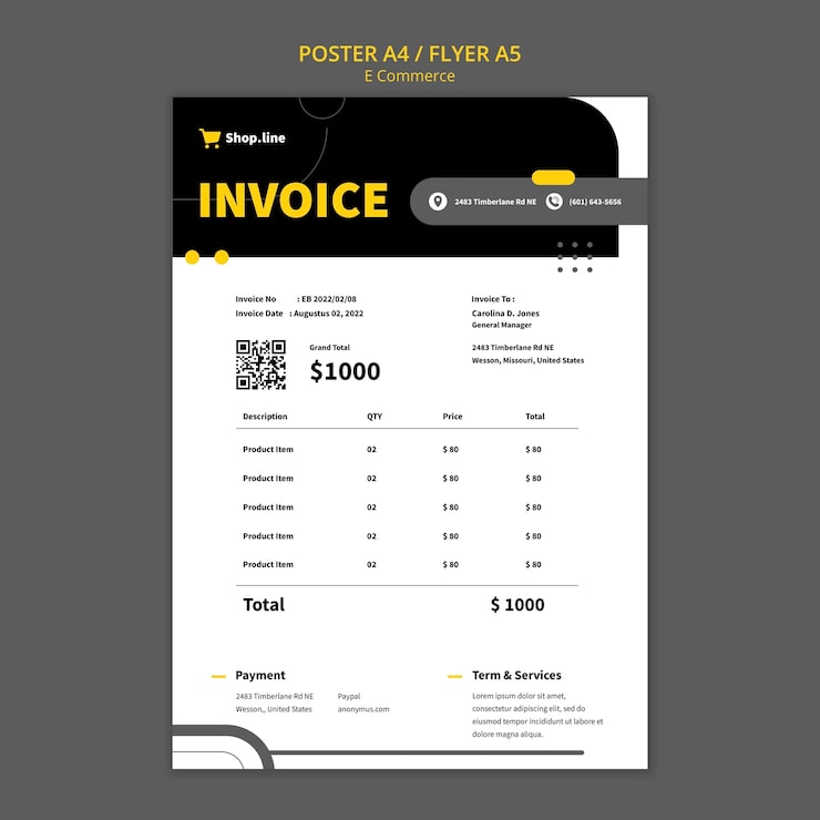 PSD Gratis templat faktur e-commerce desain datar