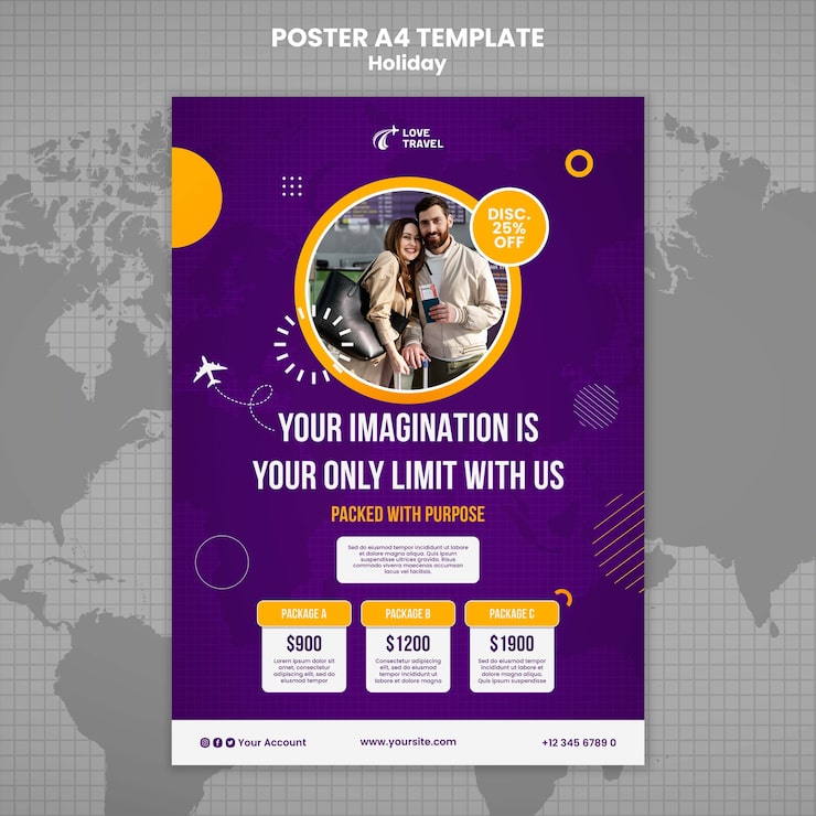 PSD Gratis templat poster vertikal liburan dengan peta dunia