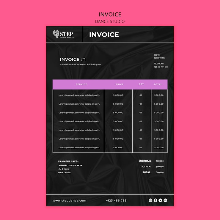 PSD Gratis template faktur studio tari bertekstur