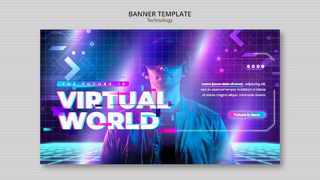 PSD Gratis template spanduk dunia virtual neon